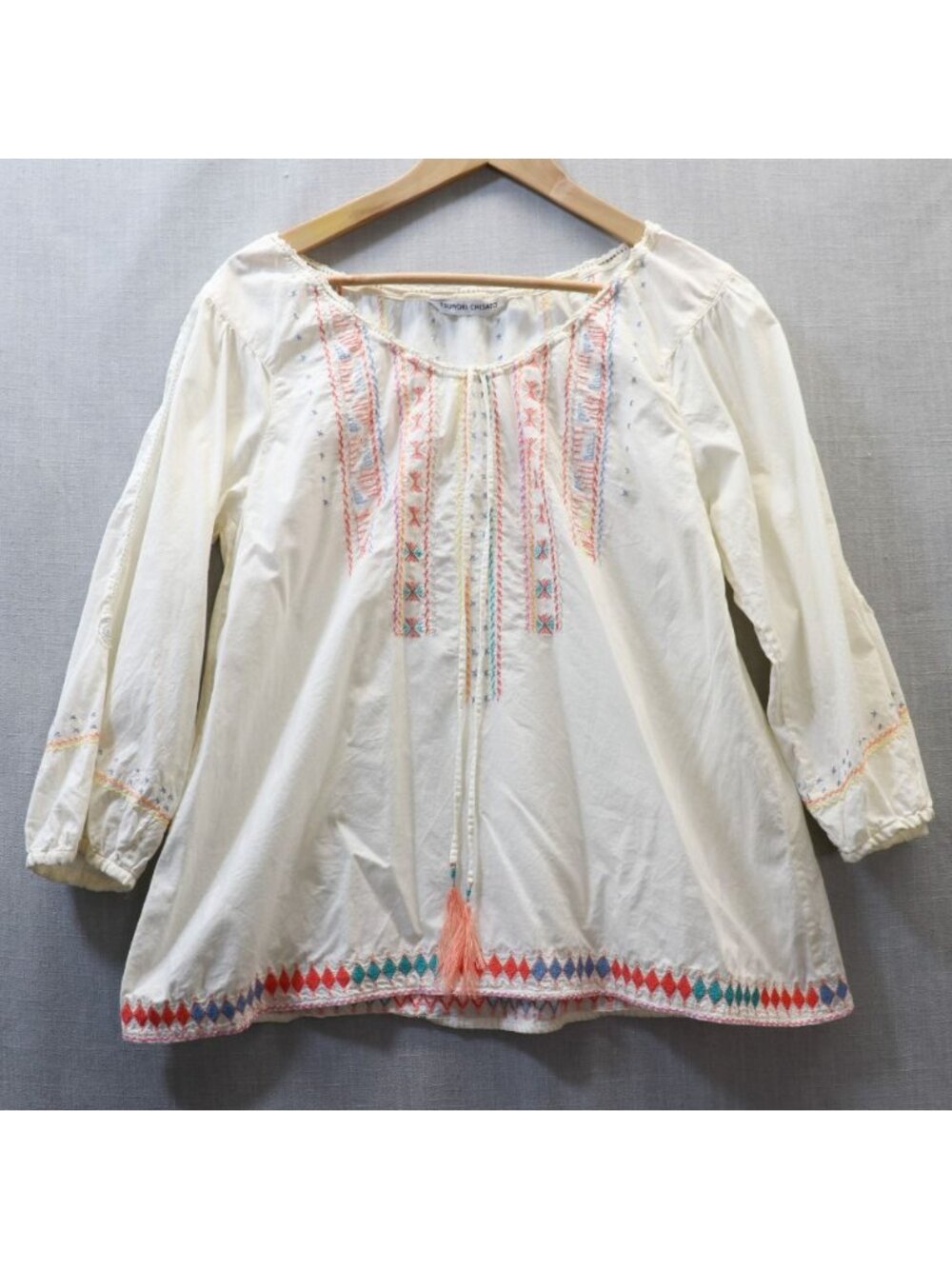 Tsumori Chisato Off White Embroidered Peasant Blouse Top M 3/4 Sleeve Cotton
